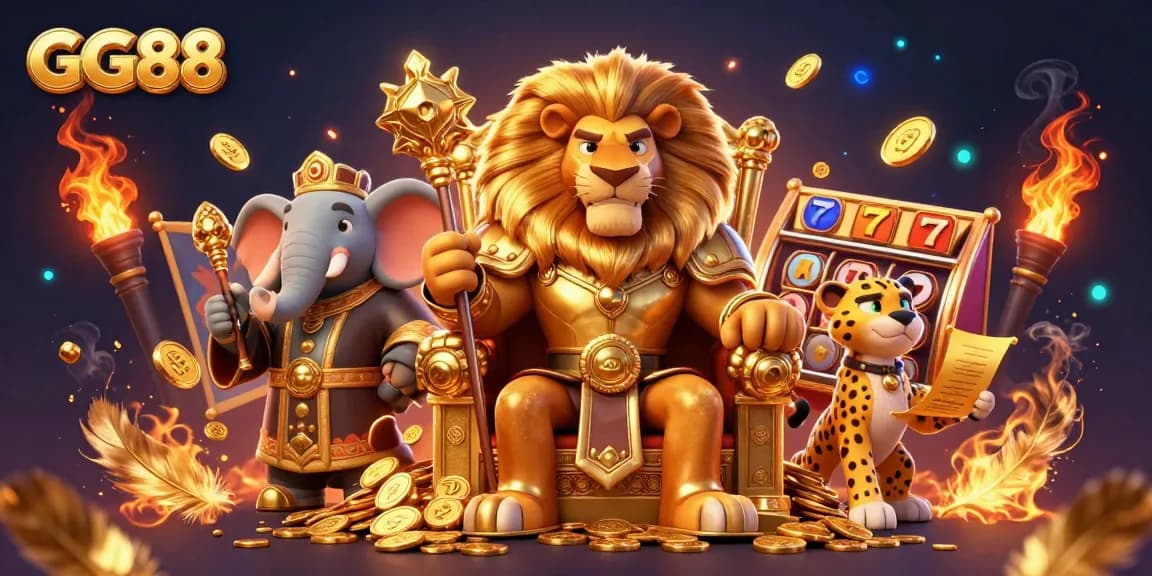 Experience GG88's online gaming adventure with a dynamic scene featuring a lion king and casino elements.