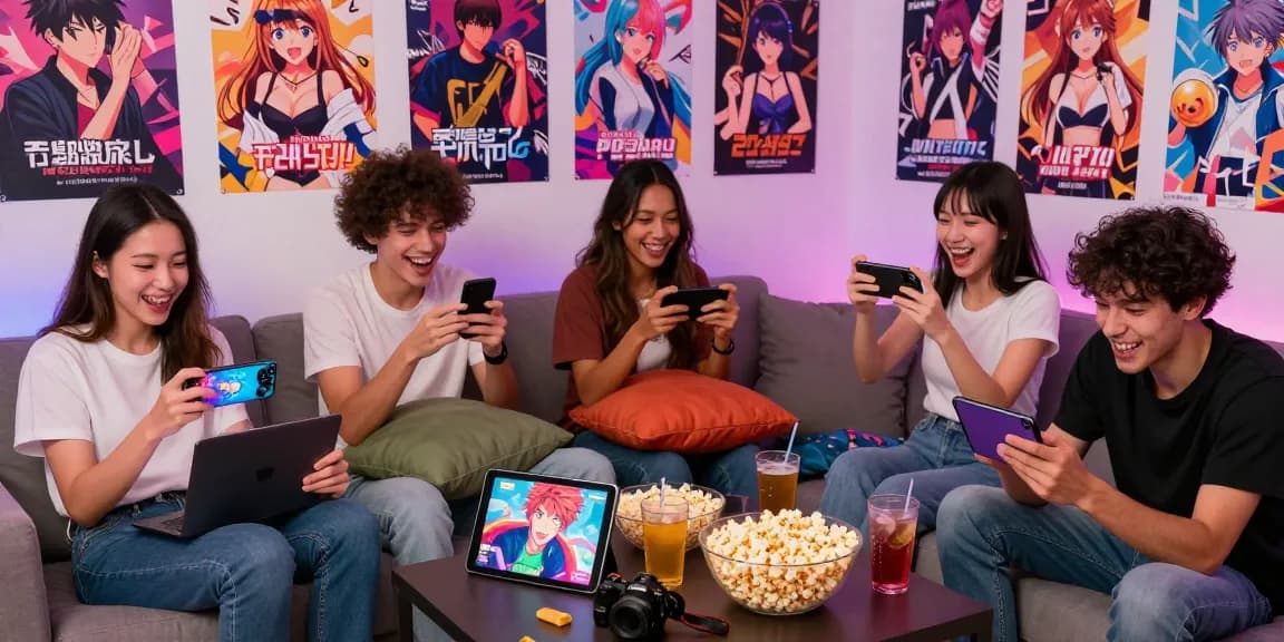 Friends playing exciting hentai games on various devices in a cozy gaming setup.