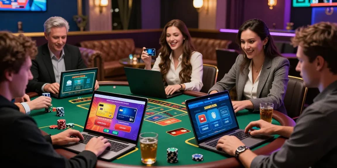 Diverse players enjoying online casino games using credit cards at https://eviz.org.uk, highlighted in a vibrant gaming lounge.