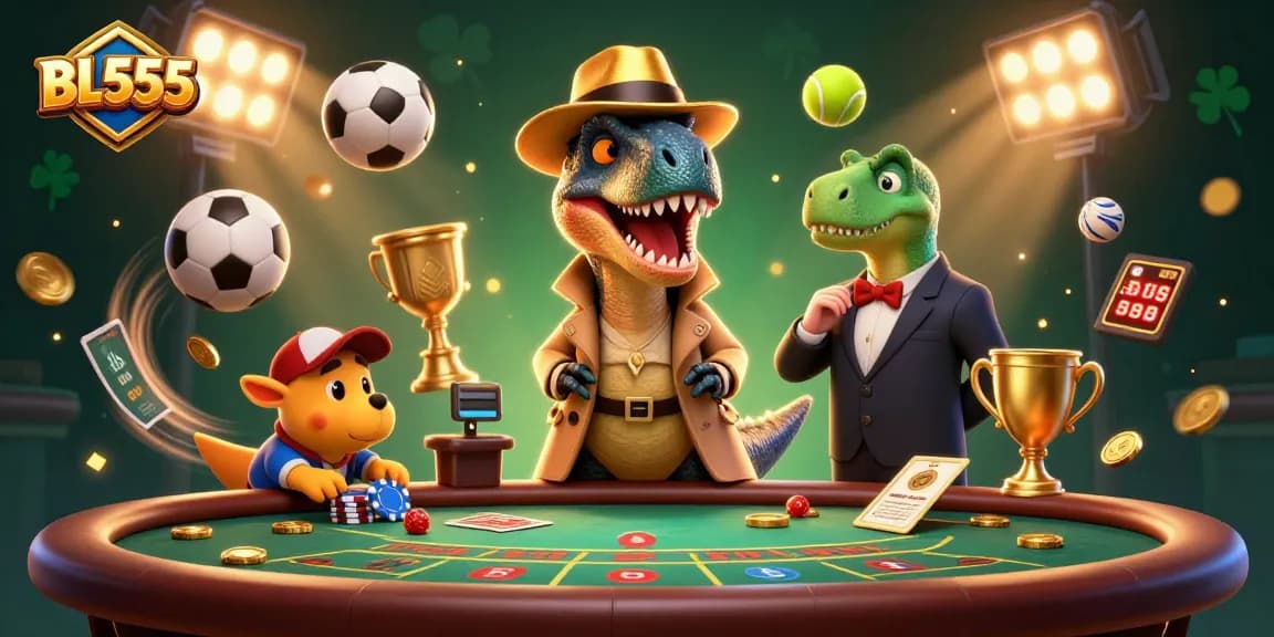 Engage in thrilling gameplay at BL555 with a cartoon velociraptor at a blackjack table, showcasing dynamic casino elements.