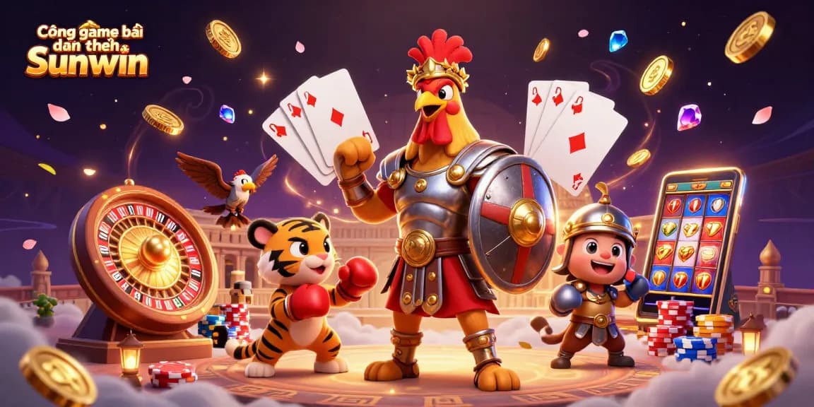 Cổng game bài đổi thưởng Sunwin features a powerful gladiator rooster with a tiger sparring partner, surrounded by vibrant casino elements.