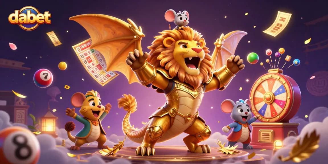 dabet presents an exciting 3D scene with a chimera, mouse jockey, and dynamic lottery elements, capturing the thrill of gaming.