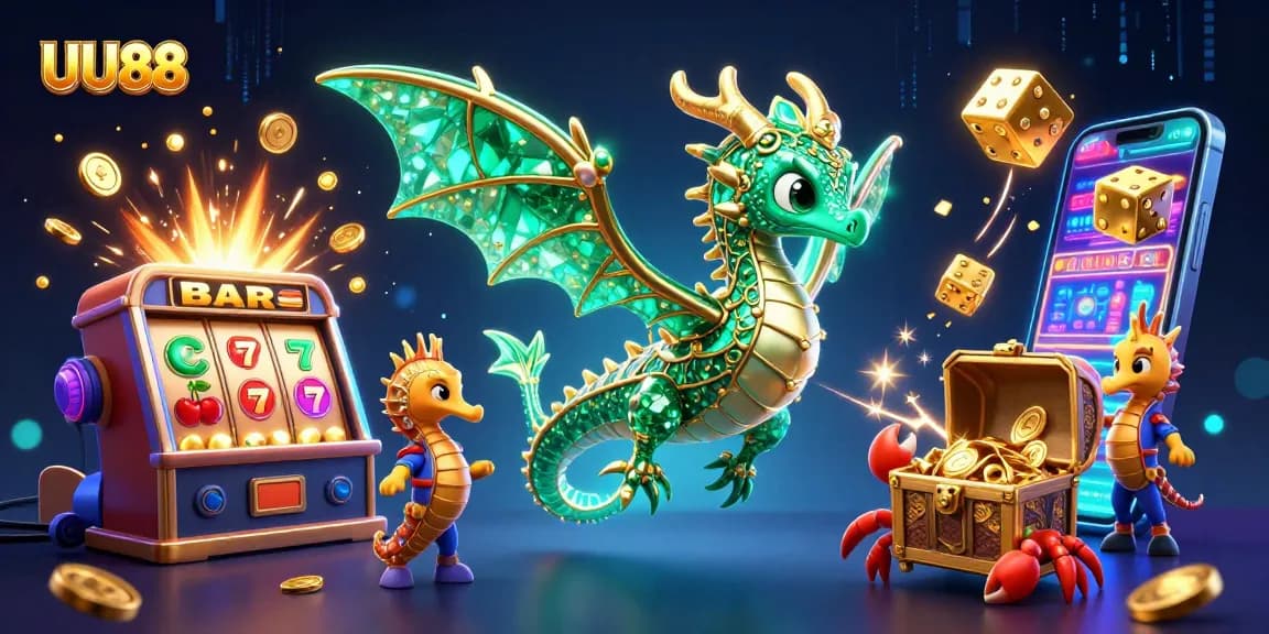 Win big with UU88 in a vibrant 3D illustration featuring dynamic casino elements and treasures.