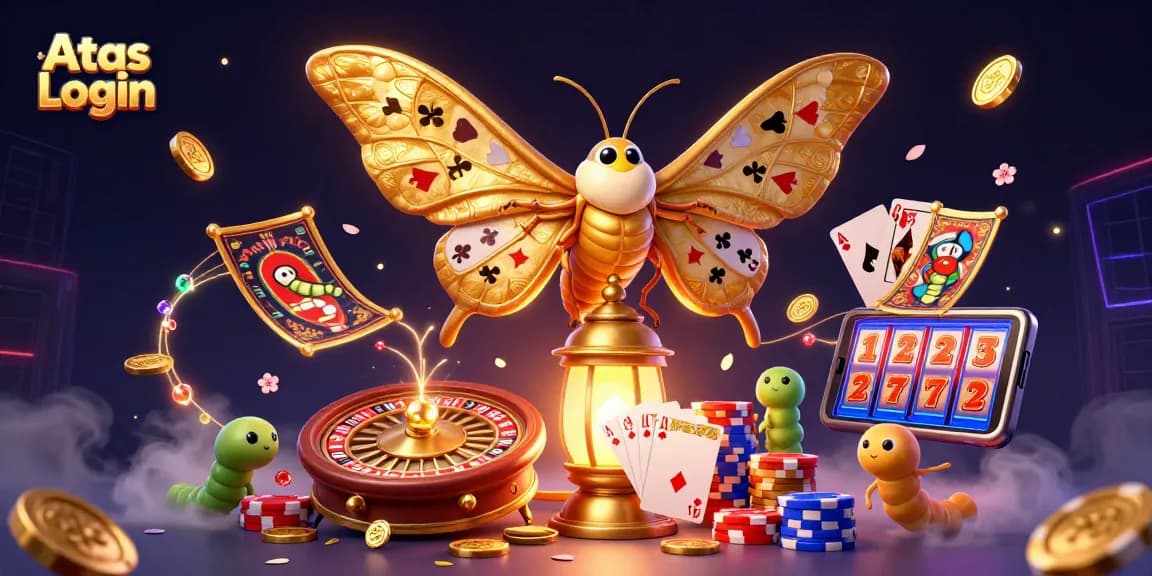Experience Atas Login with a vibrant scene of gambling fun, featuring casino elements and a dynamic moth illustration.