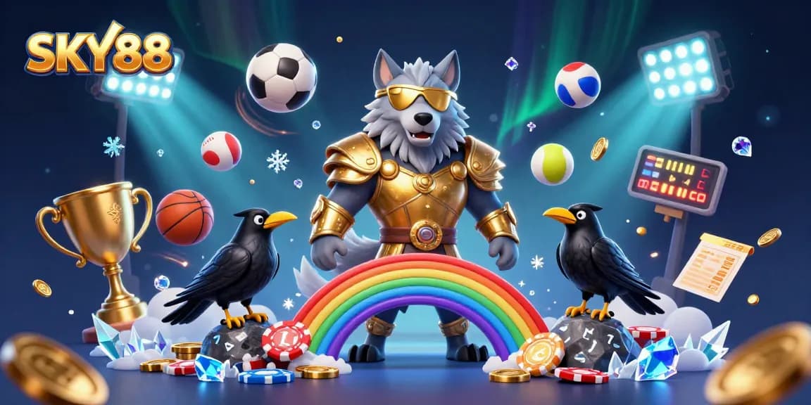 SKY88 engages players with thrilling sports betting action amid 3D illustrated characters and casino elements.
