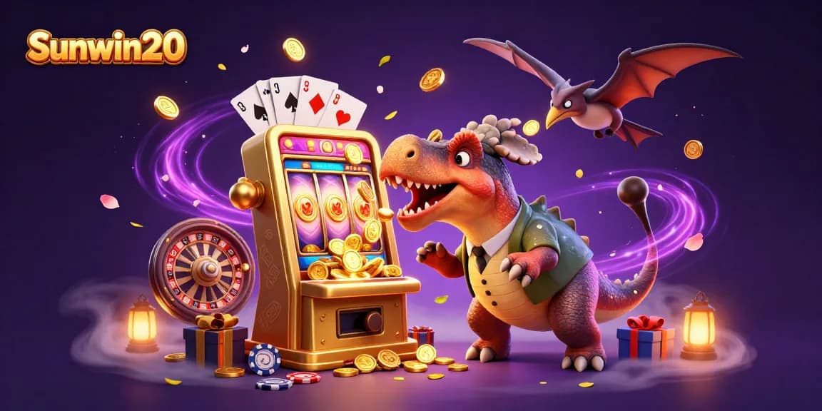 Exciting Sunwin20 scene with dinosaurs and casino action showing jackpot wins.