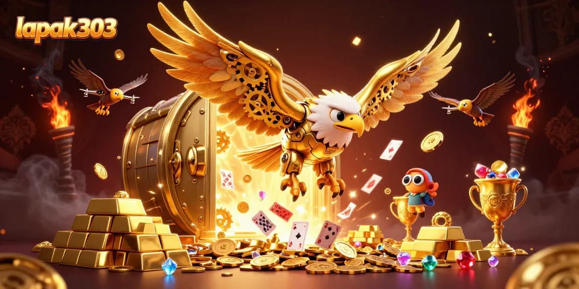 Experience thrilling wins at lapak303 with a dynamic scene of gold, cards, and excitement.