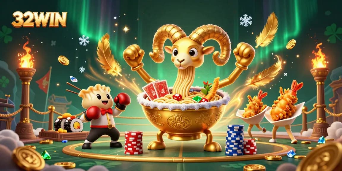Experience the thrill at 32WIN, where a giant ramen bowl deals cards amidst gold and excitement.