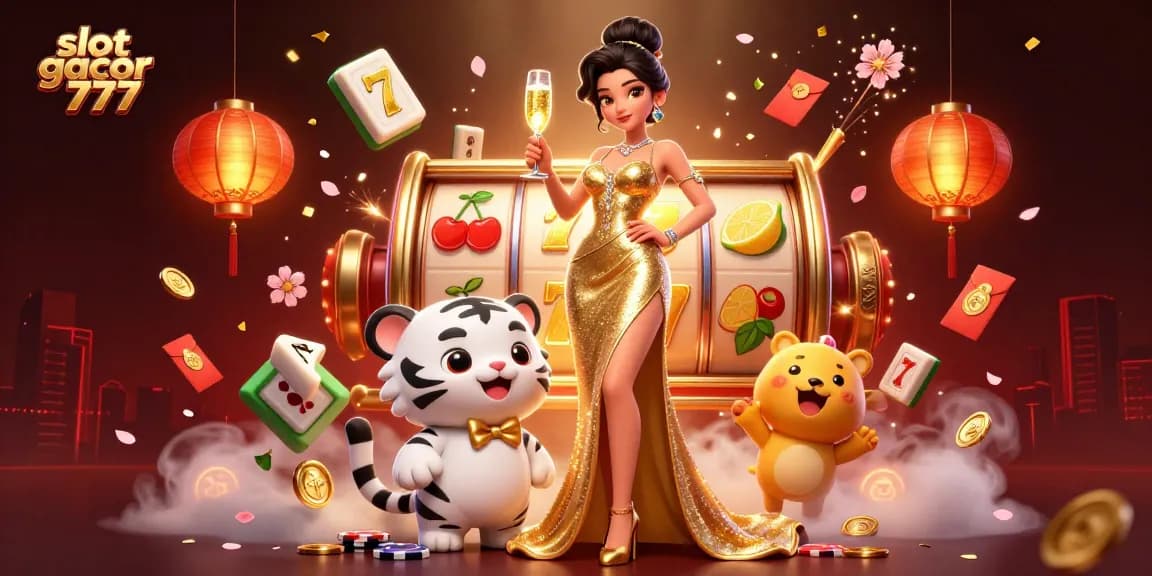 Engage with slot gacor 777 in this vibrant scene featuring exciting game elements and a glamorous host.