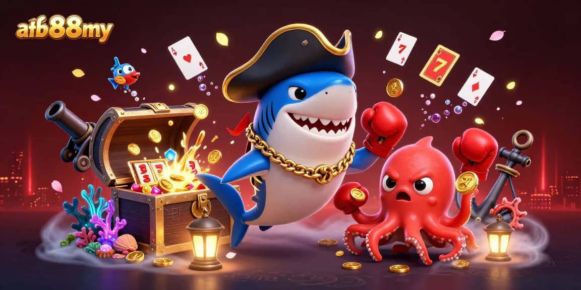 afb88my showcases a vibrant scene of a cartoon shark and friends in a casino-themed adventure.