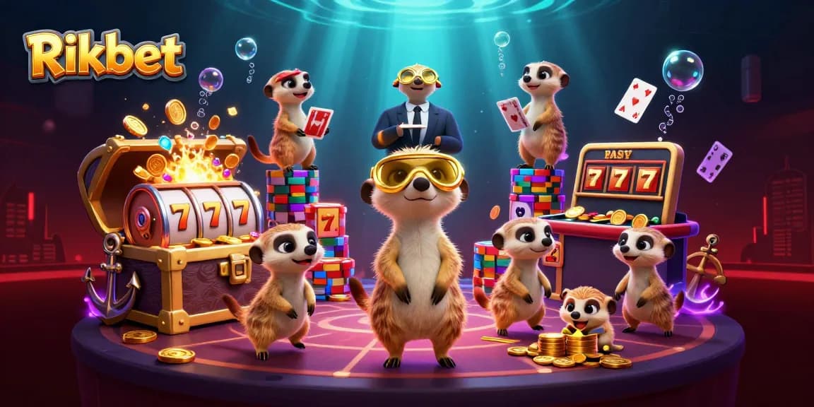Rikbet showcases energetic meerkats managing a vibrant casino with animated gaming elements.