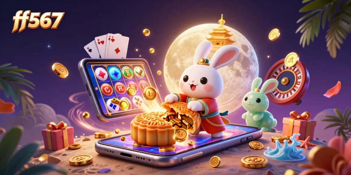 ff567 aposta em um cassino online, representado por coelhos na lua com fichas de poker e jogos de slot.