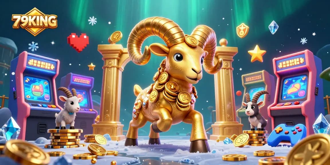 Engage with 79KING as a golden ram charges through casino-themed arcade elements to win big.