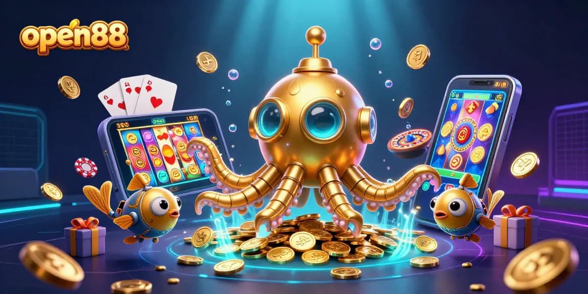 Bet on exciting games at open88 featuring a vibrant scene with a golden kraken, slot games, and casino excitement.
