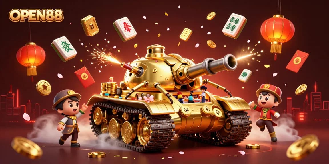 Experience OPEN88's vibrant atmosphere with a 3D casino illustration featuring a golden beetle tank bursting with excitement.