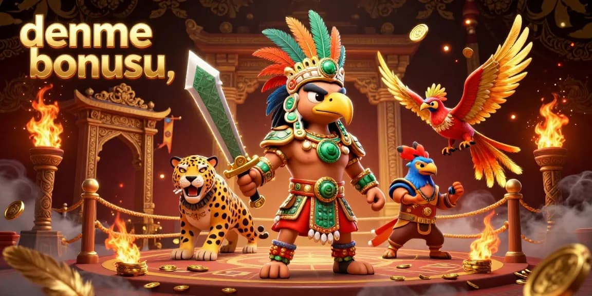 Engage with deneme bonusu at a vibrant 3D casino illustration featuring an Aztec warrior, jaguar companion, and golden elements.