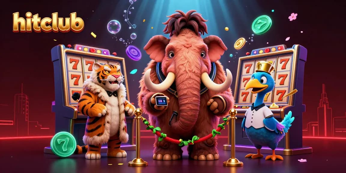 Hitclub's immersive casino scene featuring a mammoth bouncer, saber-tooth guest, and slot reels.
