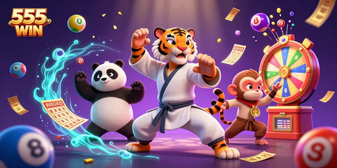 Experience the excitement of 555 WIN with a vibrant scene showcasing a kung fu tiger master, vibrant lottery balls, and golden rewards.