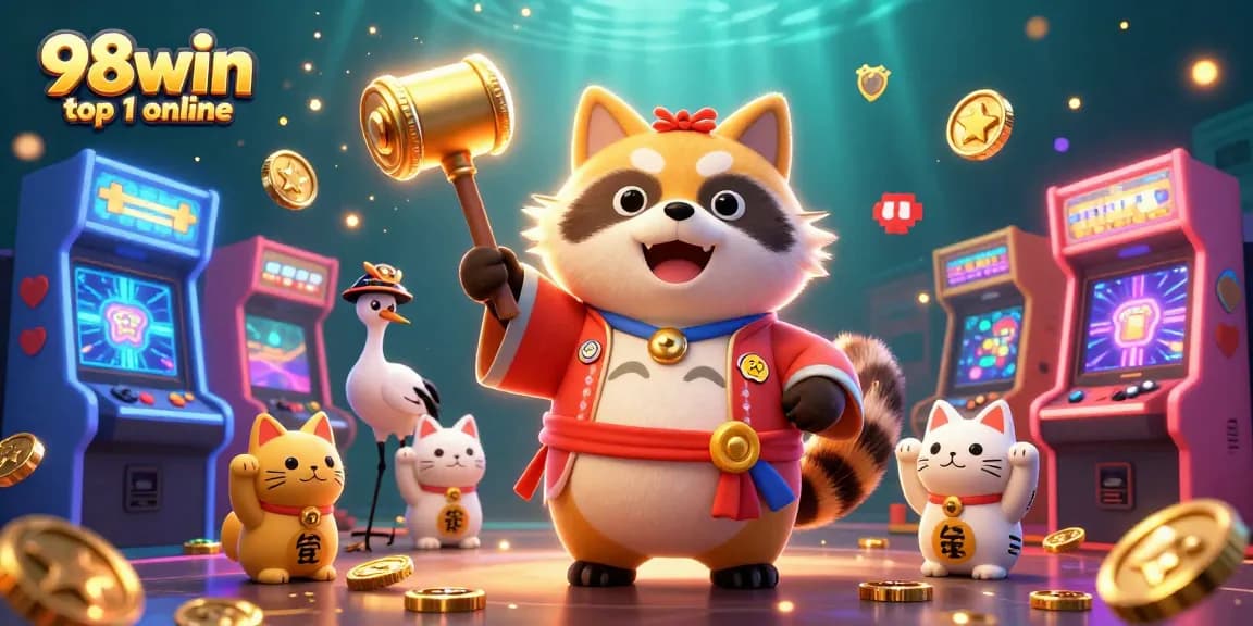 Spin and win with 98win top 1 online, featuring a cheerful tanuki and a colorful casino scene.