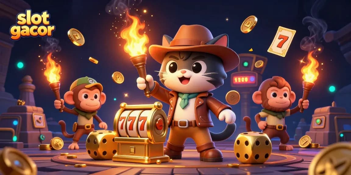 Gambarkan suasana slot gacor dengan karakter arkeolog kucing menemukan artefak jackpot emas.
