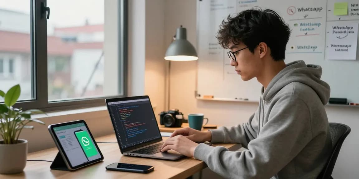 Innovative workspace showcasing WhatsApp下載 coding session in a cozy home office with developer, gadgets, and brainstorming notes.
