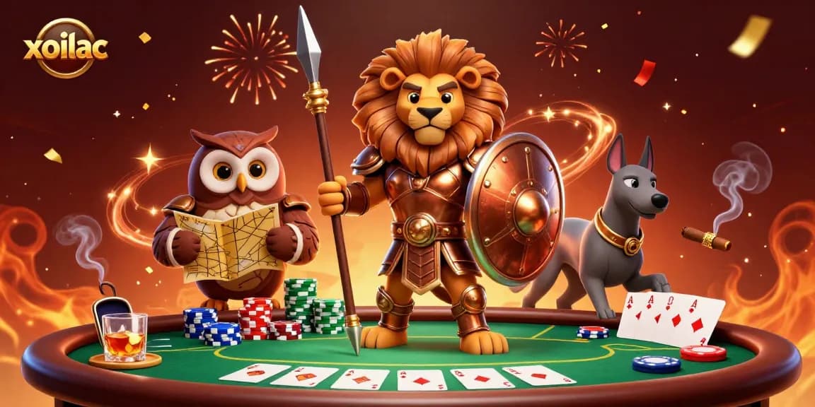 Engage in thrilling gambling at xoilac with a vibrant poker scene featuring a Spartan lion.
