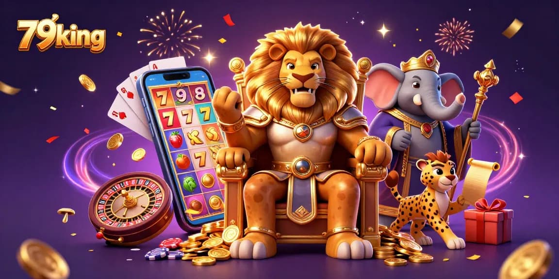 Spin the reels with 79king in a vibrant casino scene featuring a lion king and thrilling games.