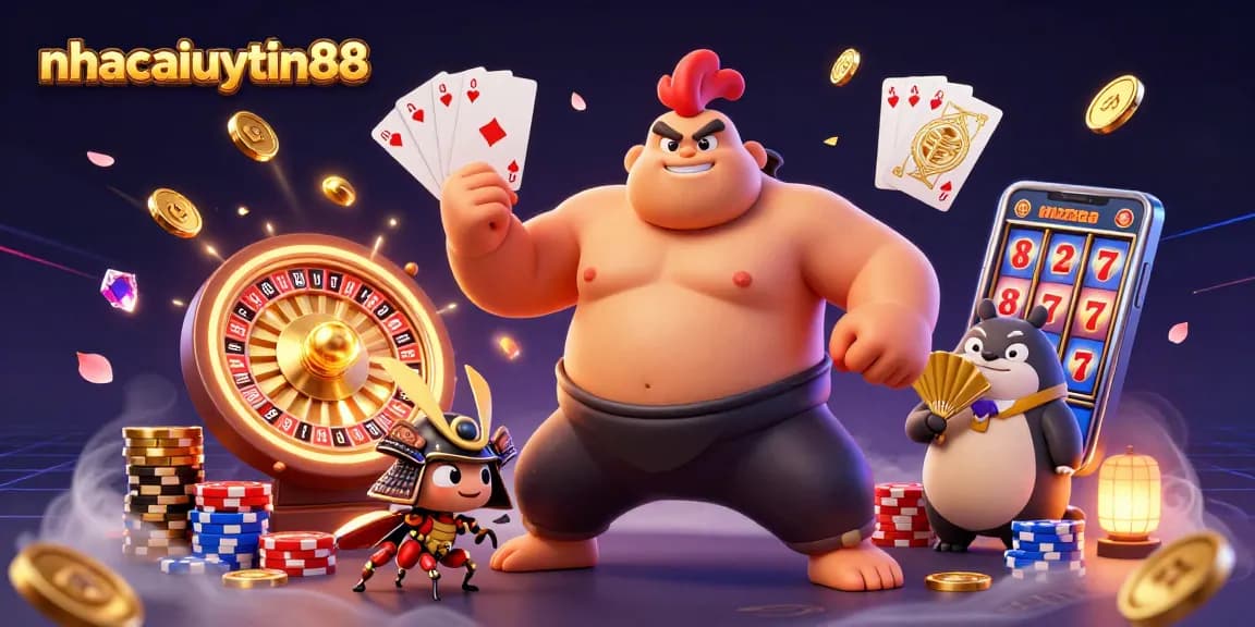 Engage with nhacaiuytin88 for an electrifying online casino experience, showcasing a dynamic sumo chicken, cricket, and tanuki.