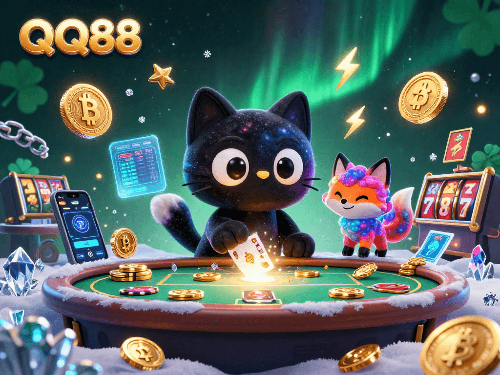 Experience fun with QQ88 at the cosmic casino with a black hole cat and floating crypto elements.