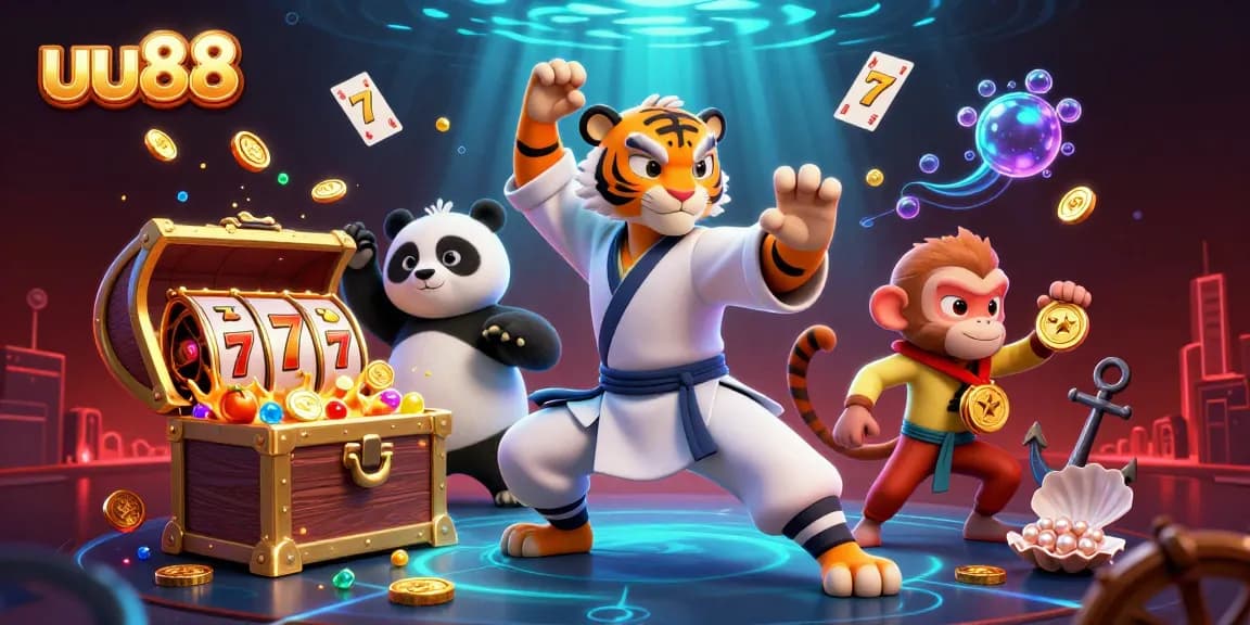 Spin the reels and collect treasures with uu88's vibrant online casino adventure, featuring a kung fu tiger.