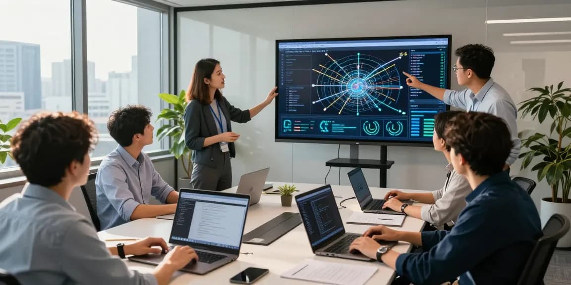 Engineers discussing fiber fiber optic solutions around a conference table in a modern office.