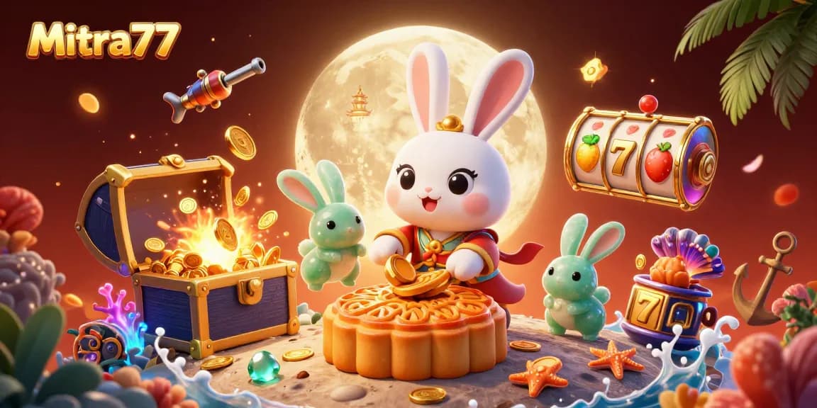 Mitra77 merepresentasikan sensasi bermain slot gacor dengan jackpot di latar belakang berkilau dan karakter 3D yang memikat.