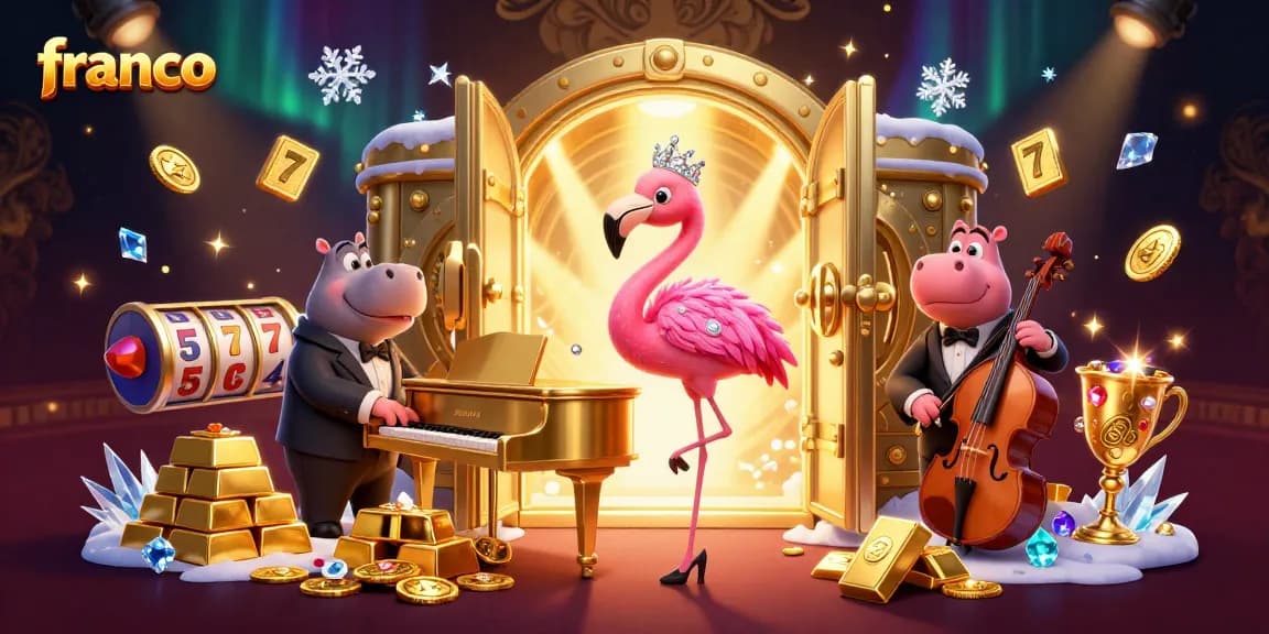 Experience the thrill of winning at franco casino with a vibrant 3D scene filled with treasures and lively characters.