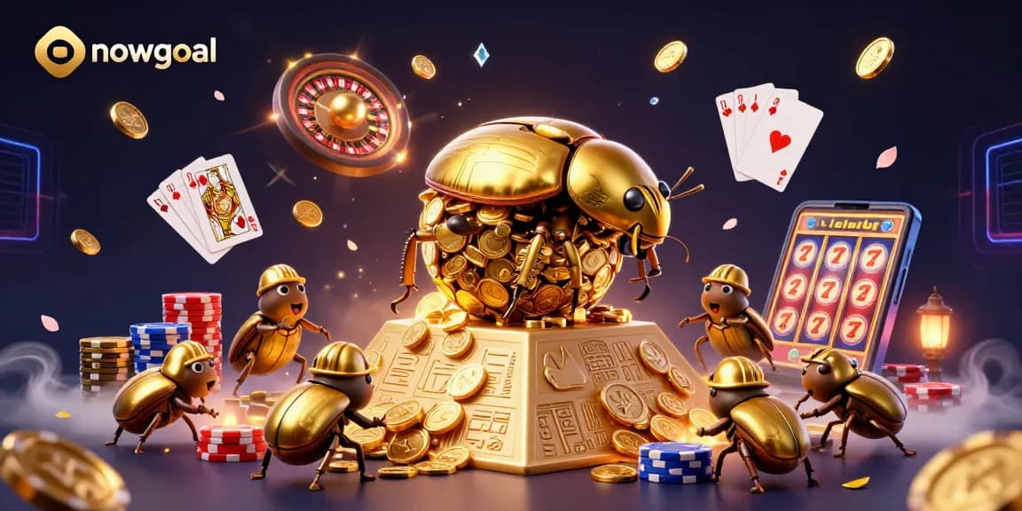 nowgoal showcases immersive betting excitement with golden coins and a dazzling pyramid of casino symbols.