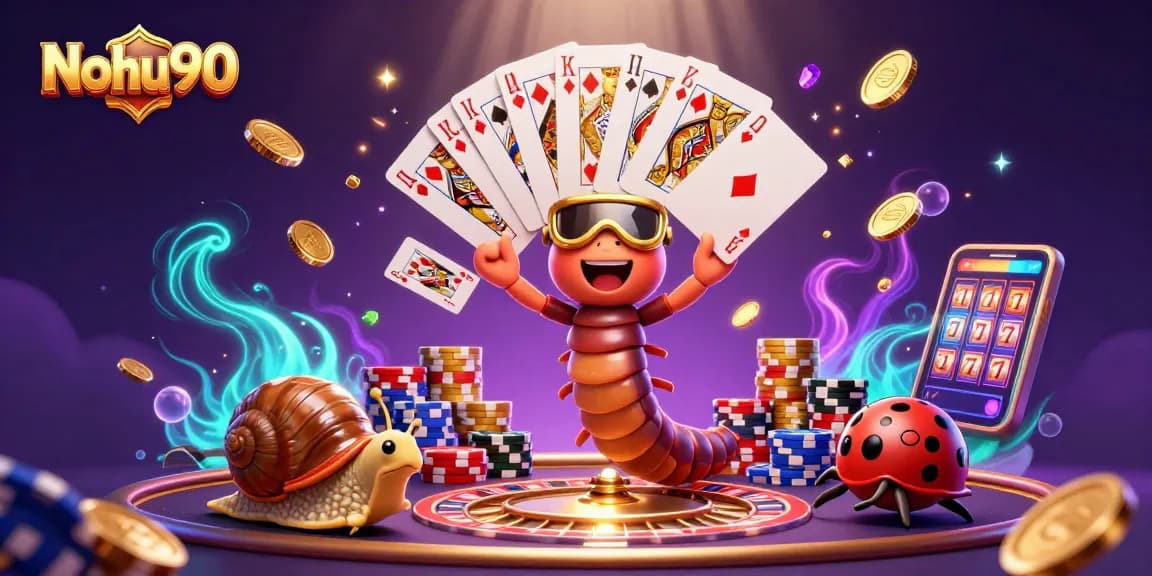 Nohu90 captivates players with a vibrant 3D casino scene featuring a millipede dealer and high-roller snail.