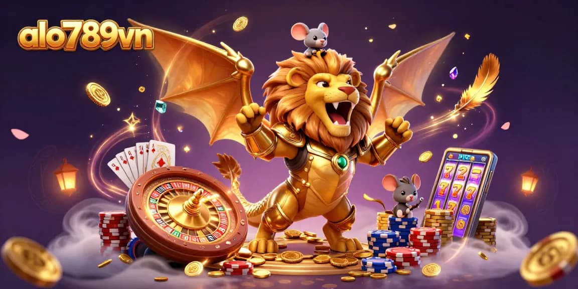 Experience high-energy gaming with alo789vn in this vibrant 3D illustration of triumphant characters amidst casino elements.