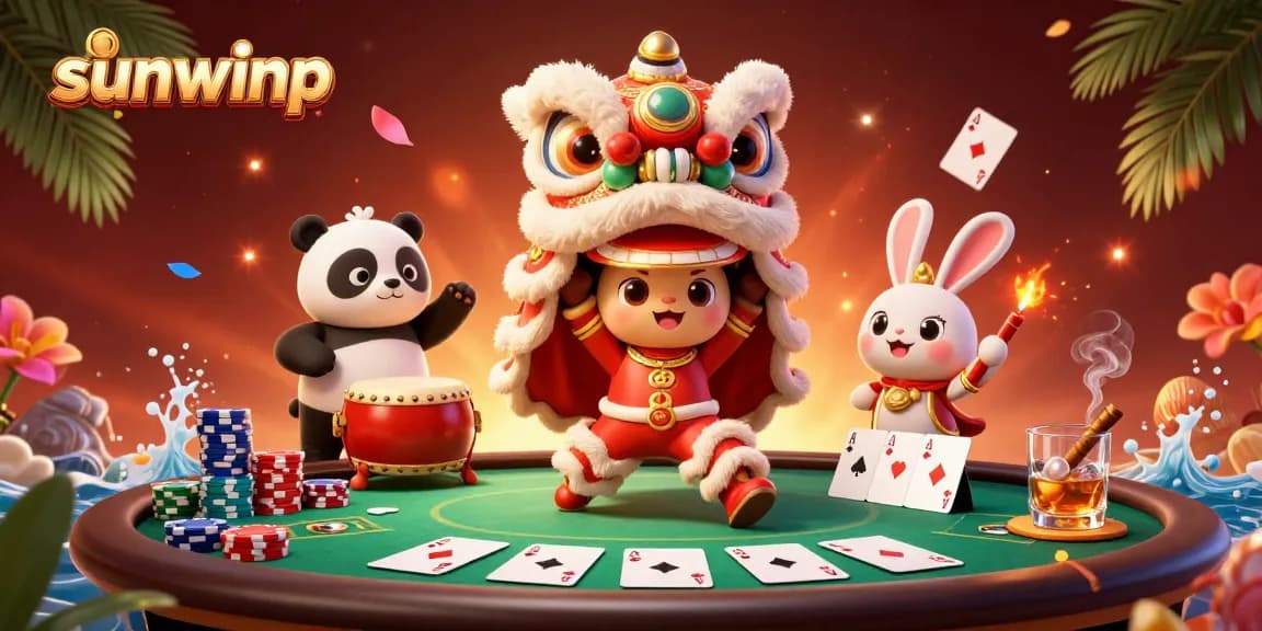 Engage with sunwinp's vibrant casino scene featuring playful characters and poker elements.