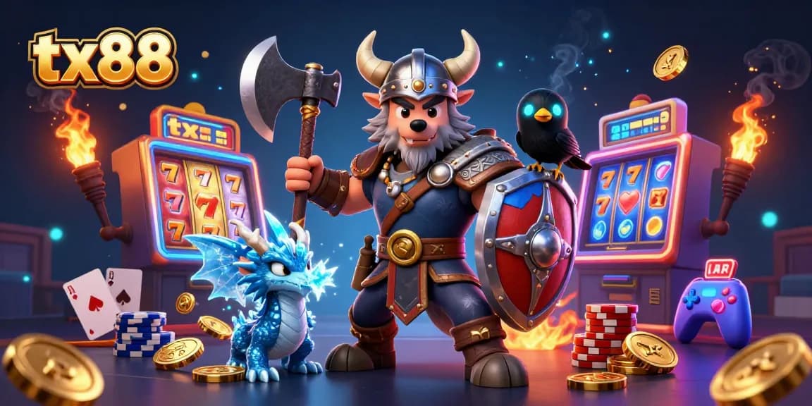 Experience the excitement of winning with tx88 as the Viking wolf warrior battles alongside his dragon in a vibrant casino.