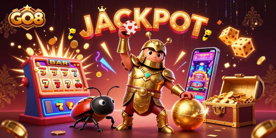 Join the excitement with GO8's dynamic jackpot scene featuring a heroic beetle and festive casino elements.