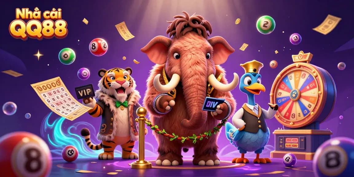 Engage with the dynamic scene from Nhà cái QQ88 showcasing vibrant lottery elements and quirky casino characters.