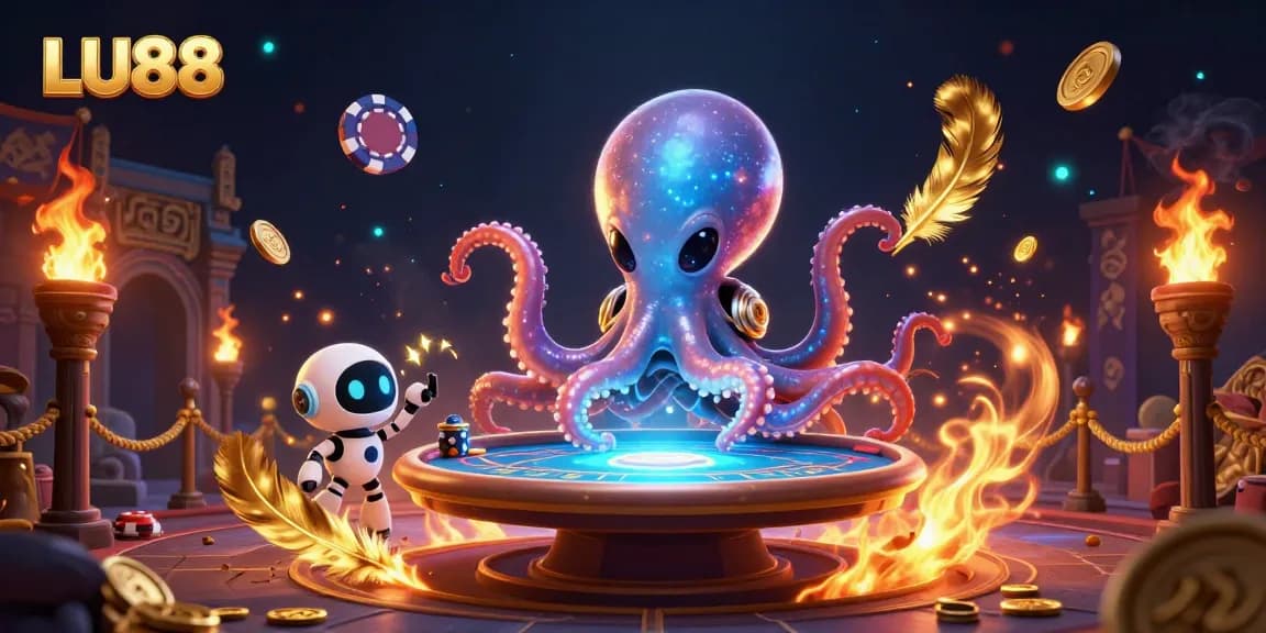 Experience LU88's vibrant gaming with alien octopus and casino elements in an exciting scene.