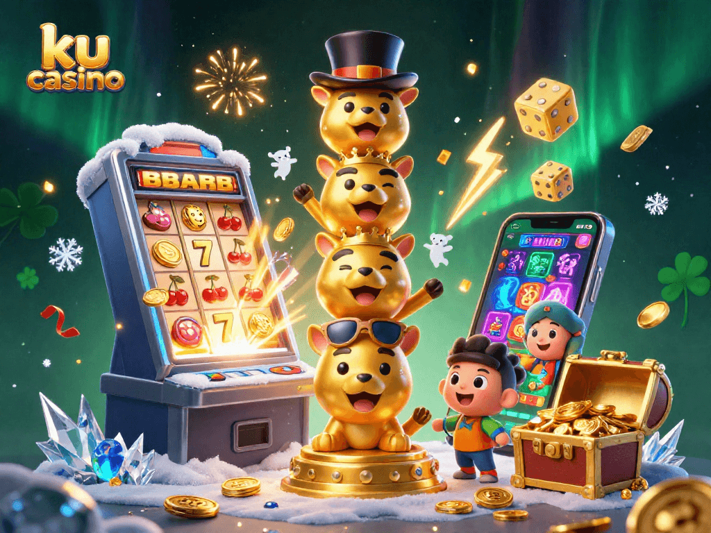 Experience the excitement of ku casino with vibrant slot machines, animated animal totem, and a treasure chest bursting with gold.