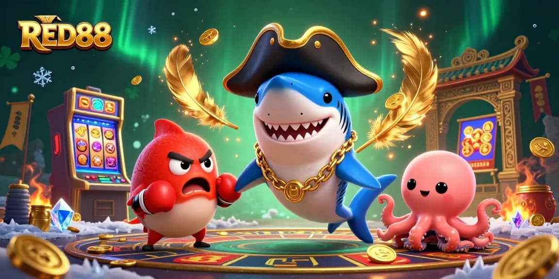 Spin the reels at RED88 with fun characters and an exciting casino atmosphere filled with gold coins.