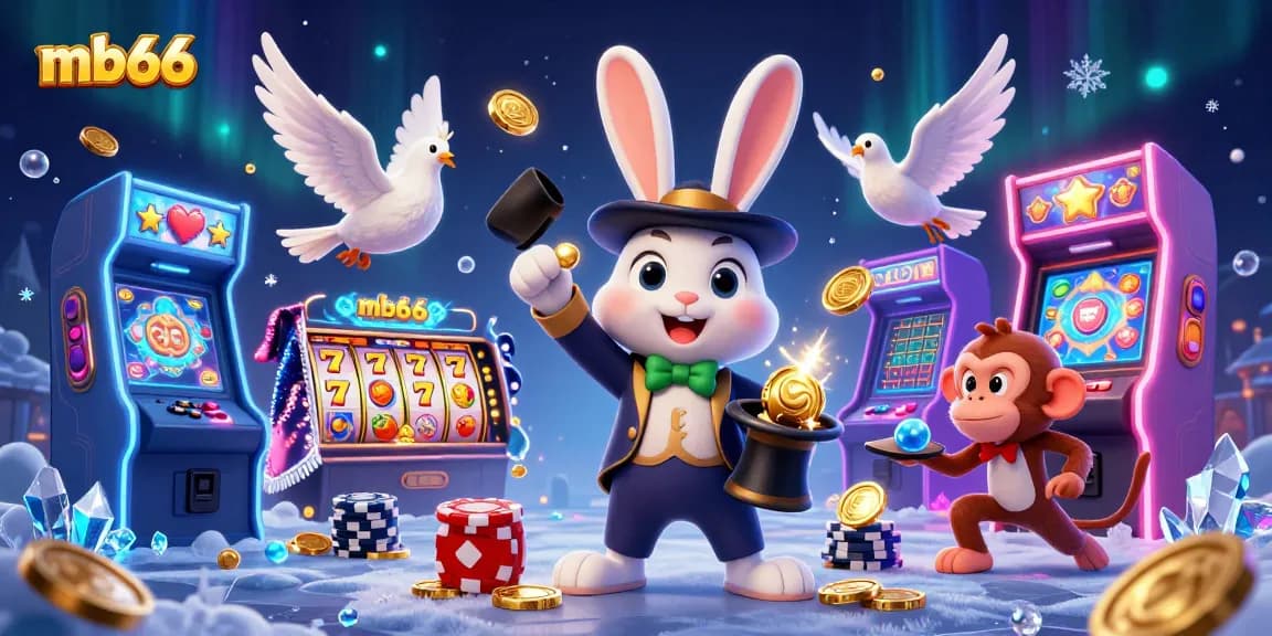 Experience thrilling wins at mb66 with a lively 3D casino scene featuring playful characters and slot games.