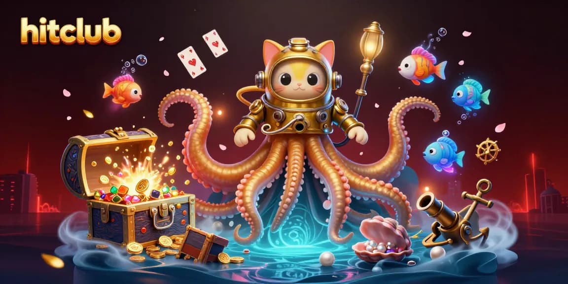 Experience exciting gameplay at hitclub featuring a colossal kraken and a diving cat in a dynamic casino scene.