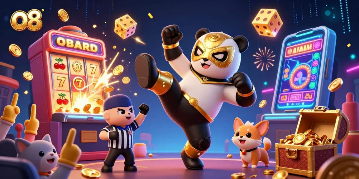 Experience the excitement of o8 with a panda wrestler kicking amidst bright casino elements.