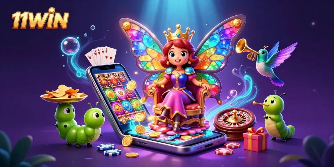 Engage with dynamic slots at 11WIN, featuring vibrant gaming elements and a whimsical butterfly queen.