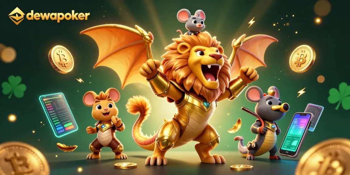 Dewapoker memberi pengalaman bermain dengan karakter ceria dalam permainan slot dan taruhan, dikelilingi koin kripto bersinar