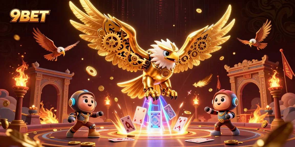 Experience thrilling gaming action at 9BET with a dynamic illustration of a cybernetic eagle and casino elements.