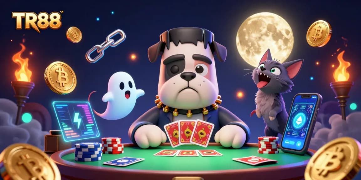 Engage with TR88’s thrilling card game experience featuring a 3D cartoon bulldog dealer and vibrant casino elements.